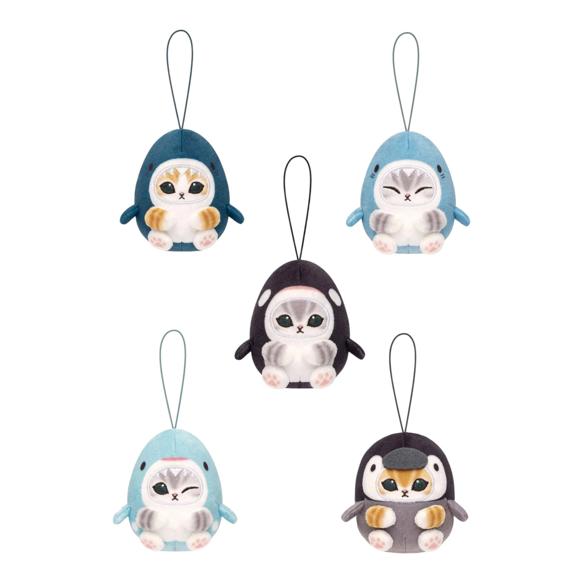 Set of five penguin plush keychains in light blue, blue, and dark gray colors