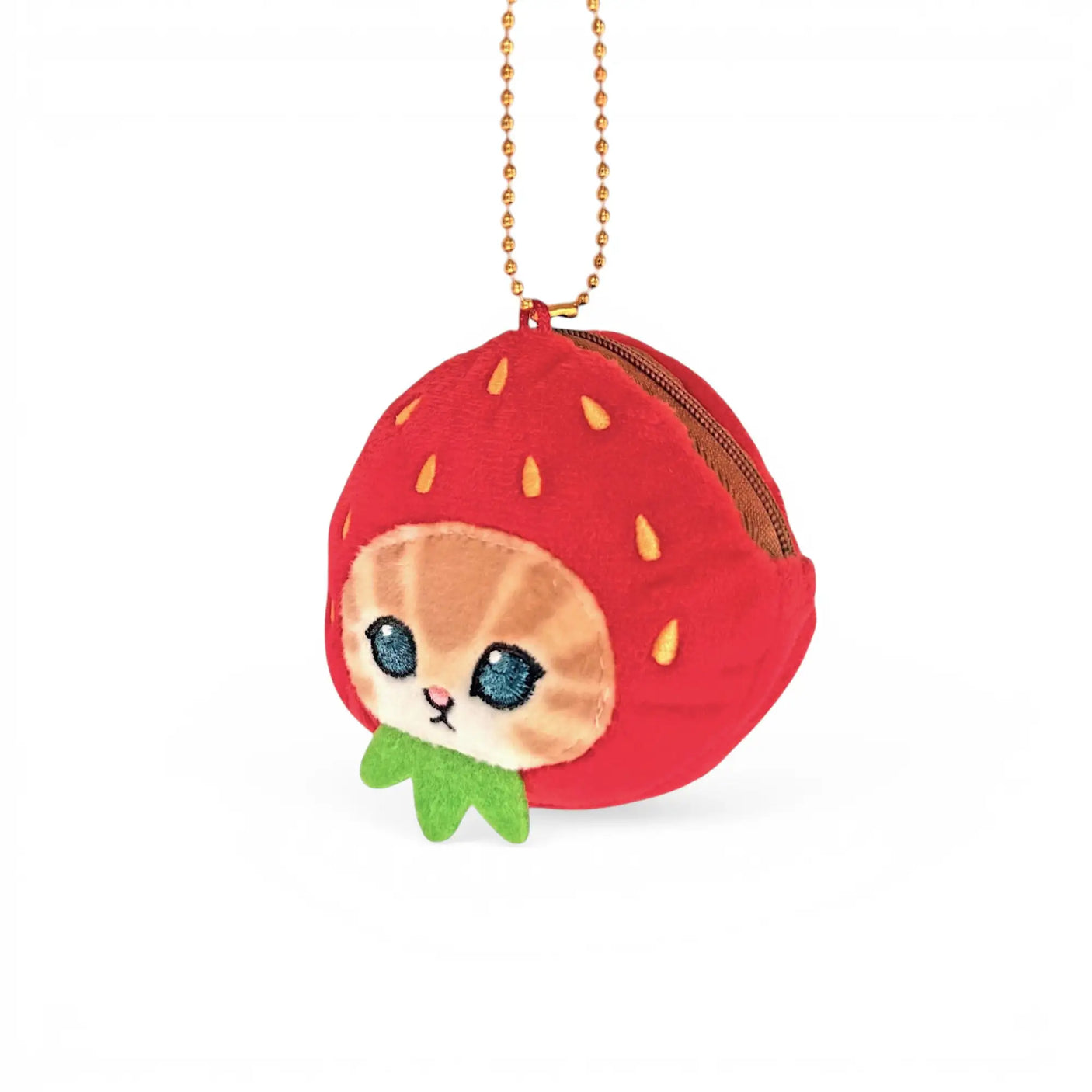 Red strawberry plush keychain pouch with cat face charm and zipper
