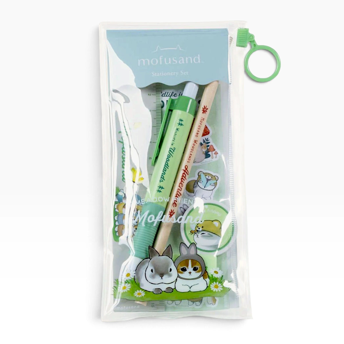 Woodlands stationery set in clear pouch with green pen, pencil, ruler, and stickers