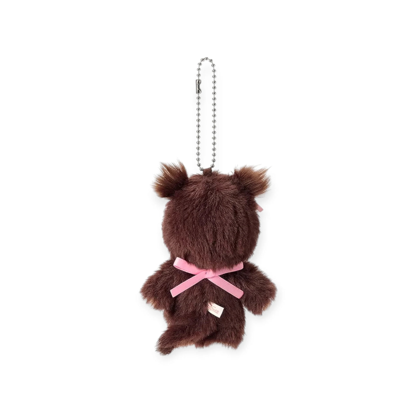 Brown plush bag charm keychain with pink ribbon on back and silver ball chain