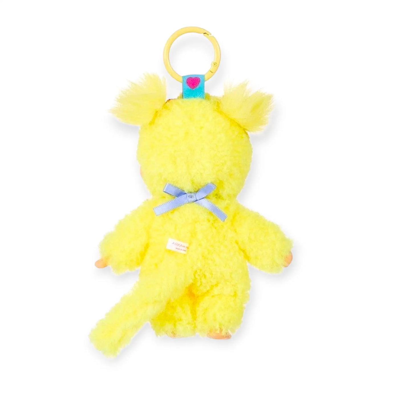 Yellow plush bag charm with heart tag, bow, and hanging loop