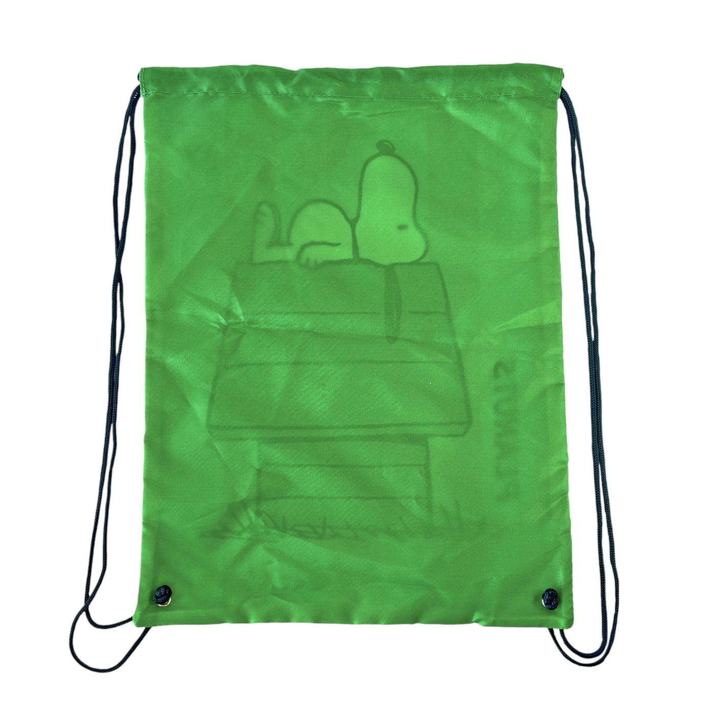 Bright green Peanuts drawstring bag featuring Snoopy lying on his doghouse with black cords and subtle graphic design