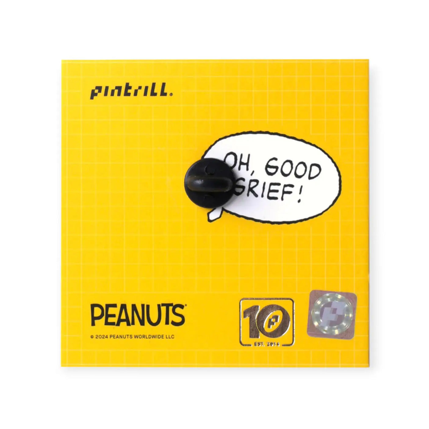 Snoopy classic enamel pin on yellow card with βOh, Good Brief!β speech bubble