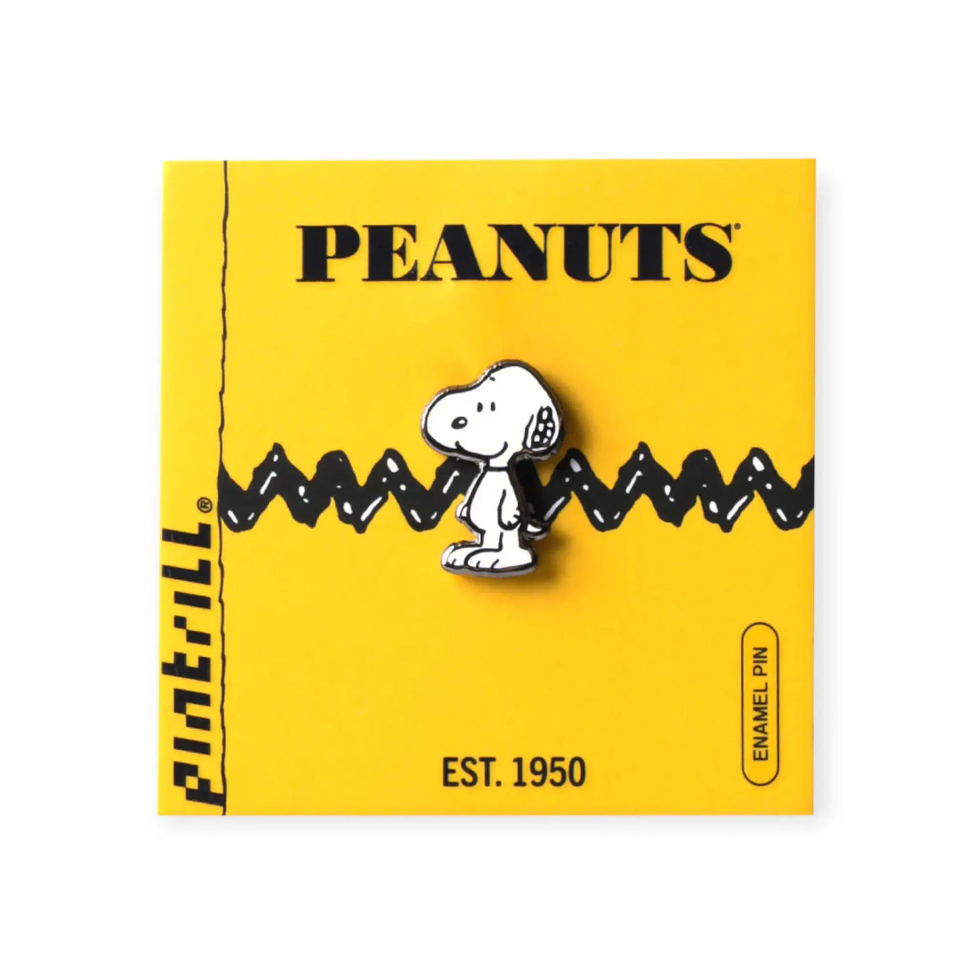 Snoopy classic enamel pin on yellow Peanuts card with standing Snoopy illustration