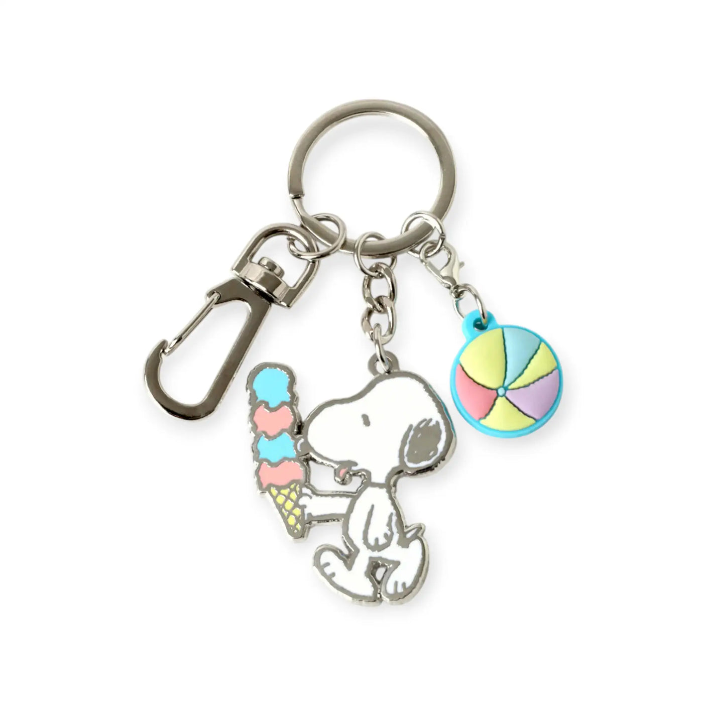 Snoopy holding a pastel ice cream cone and a colorful beach ball charm on a silver keyring with clasp attachment