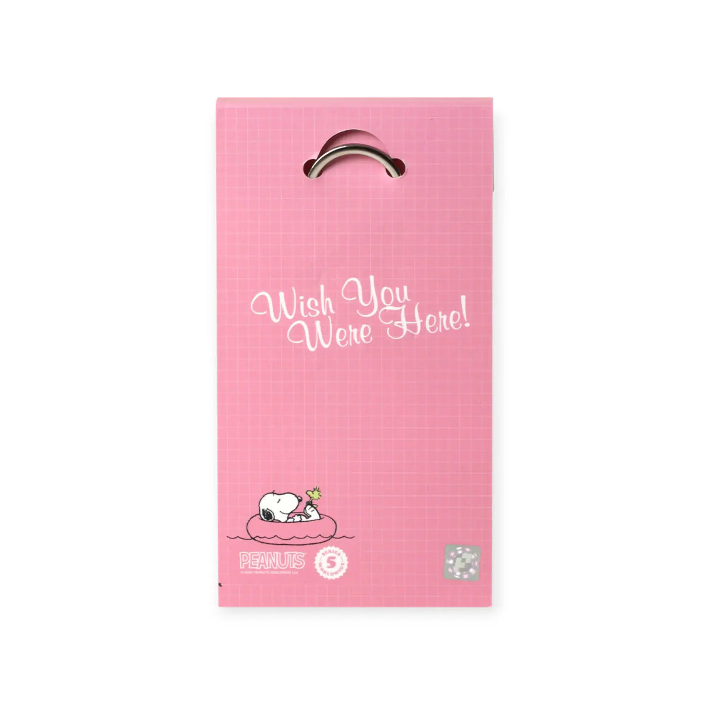 Pink Snoopy ice cream keychain pouch with metal keyring loop at top