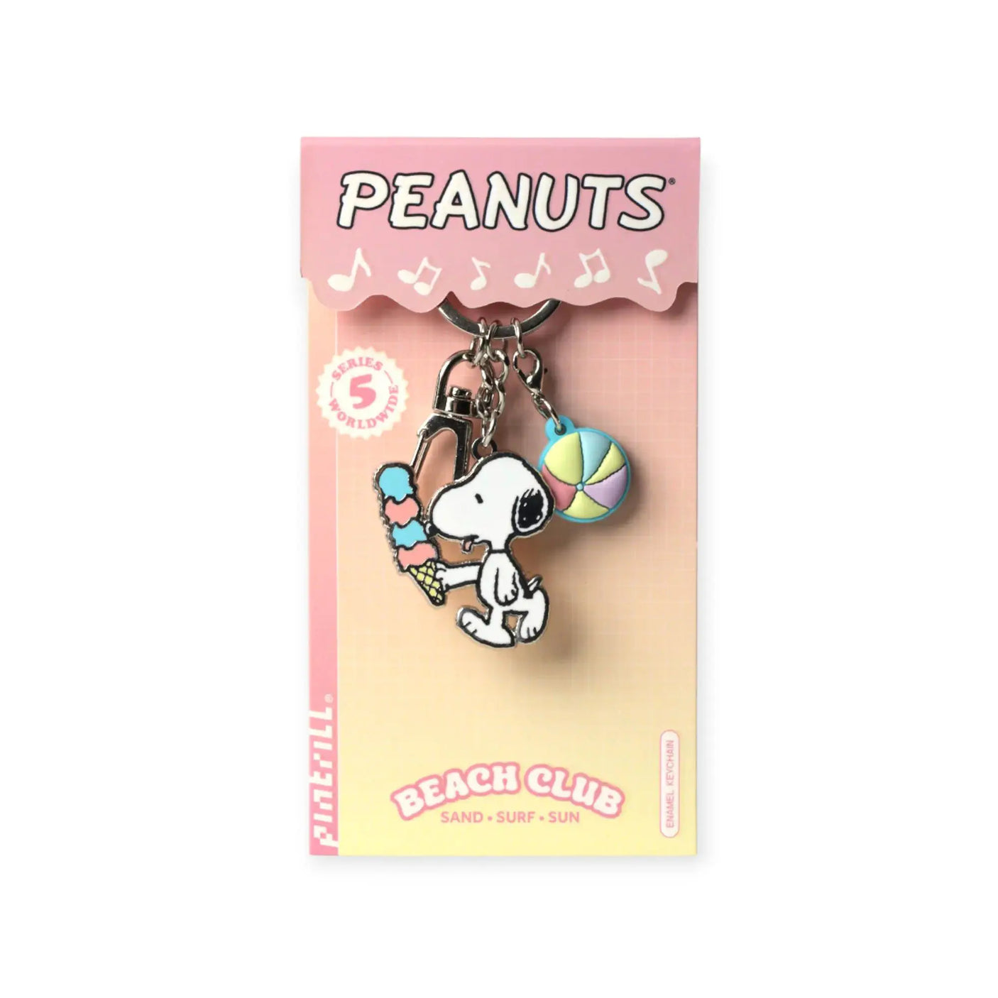 Snoopy holding a pastel ice cream cone and a beach ball charm on a keychain with pink Peanuts packaging