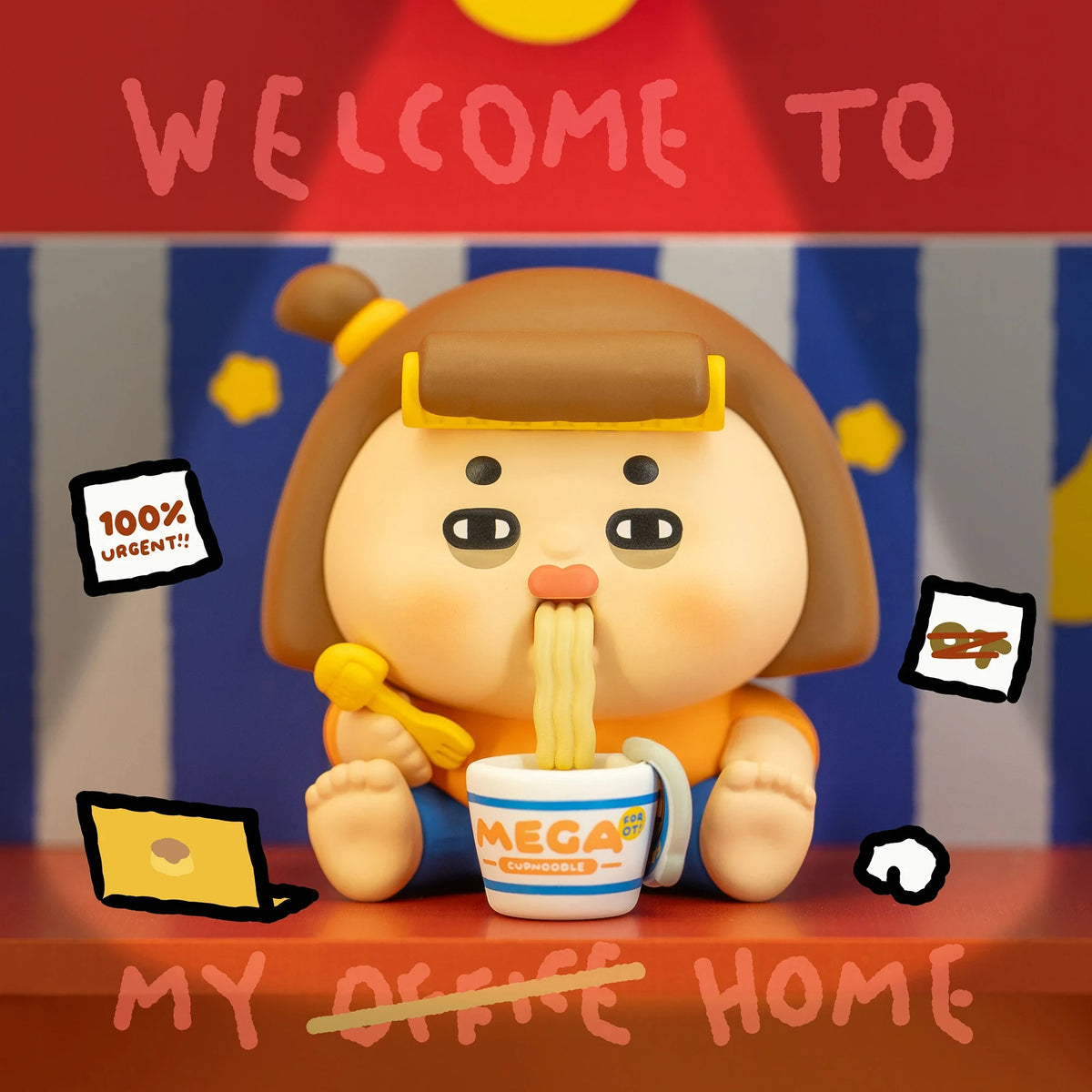 Vinyl collectible character figure with brown hair and blue outfit, holding bowl of noodles