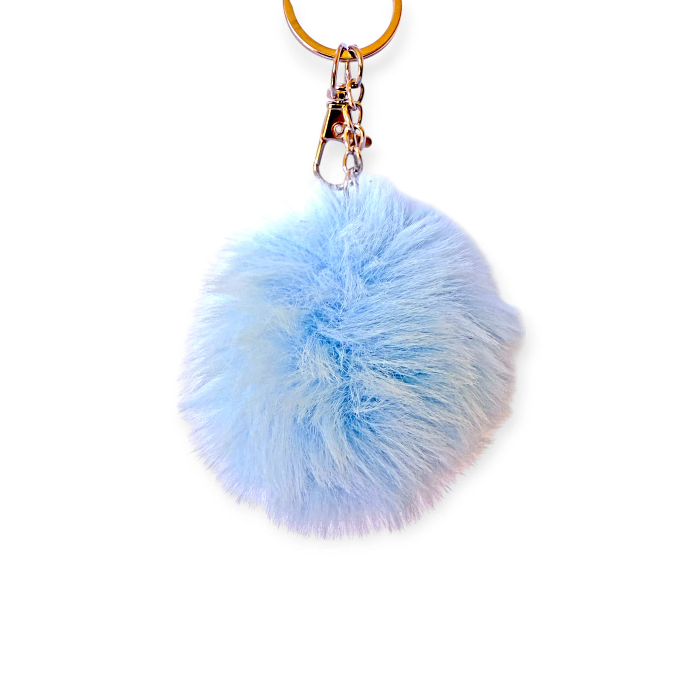 Light blue fluffy pom pom bag charm with gold lobster claw clip keychain accessory on white background