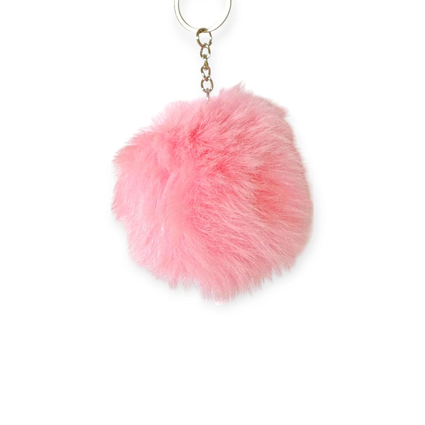 Pink fluffy pom pom bag charm with metal keyring and lobster claw clip for easy attachment to bags or keys