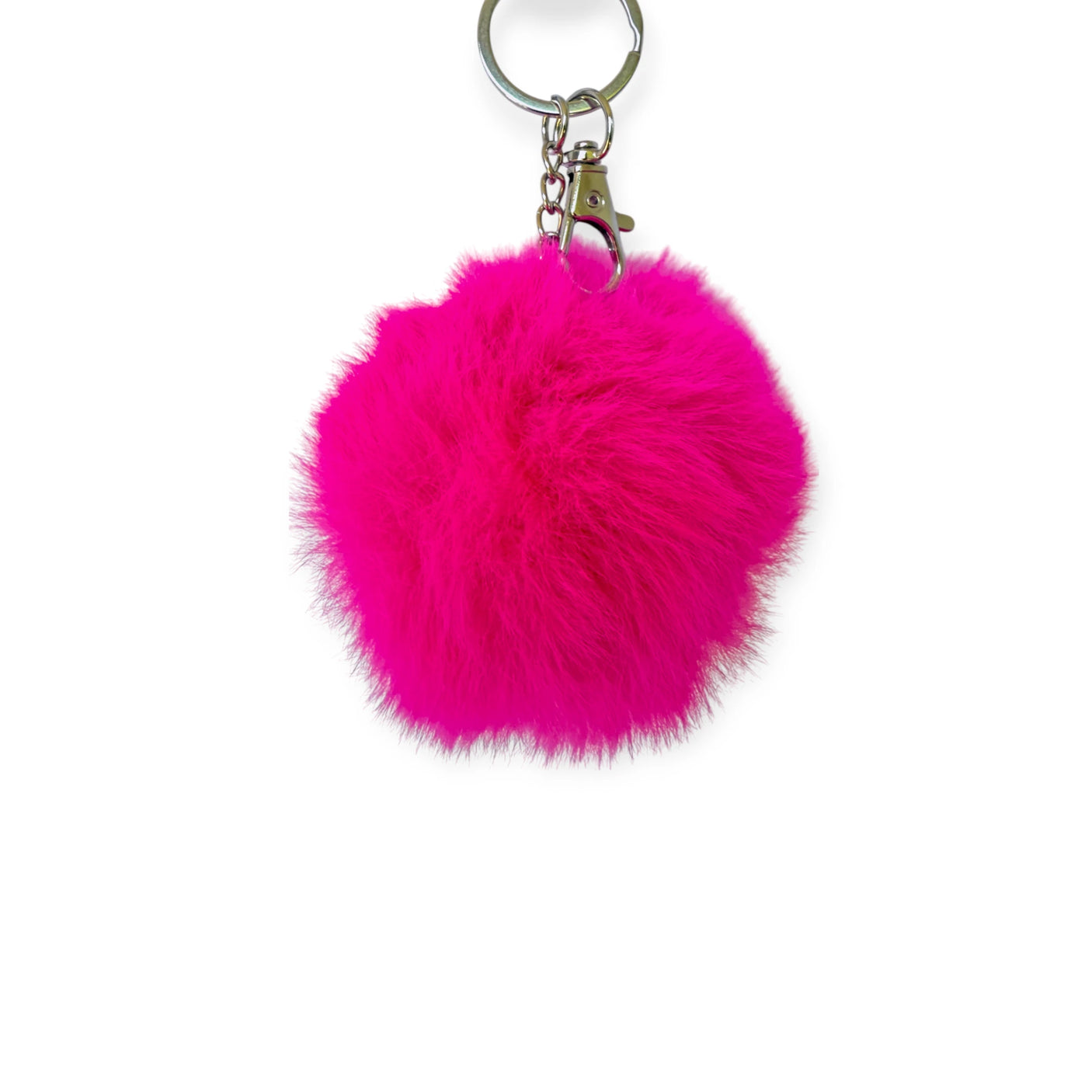 Bright pink fluffy pom pom bag charm with silver lobster claw clip and key ring accessory