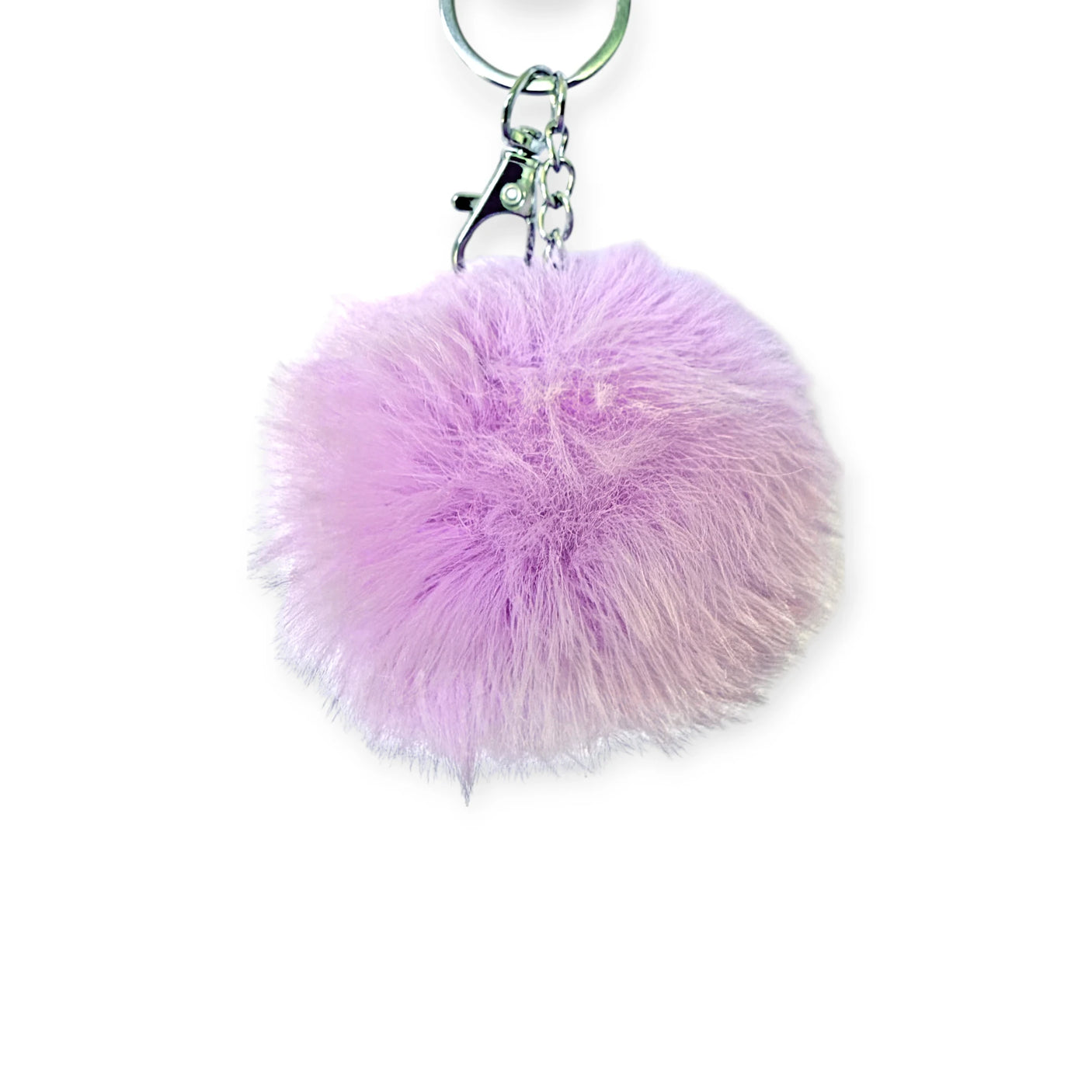 Fluffy lavender pom pom bag charm with silver keyring and lobster claw clip for easy attachment to bags or keys