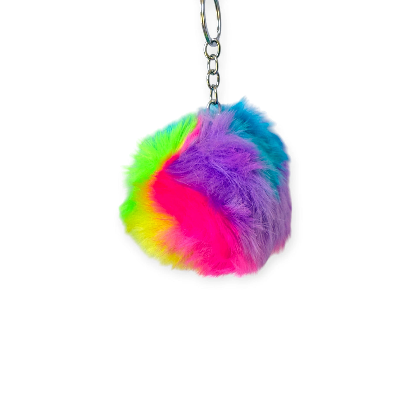 Colorful fluffy pom pom bag charm with lobster claw clasp for easy attachment to bags or keys.