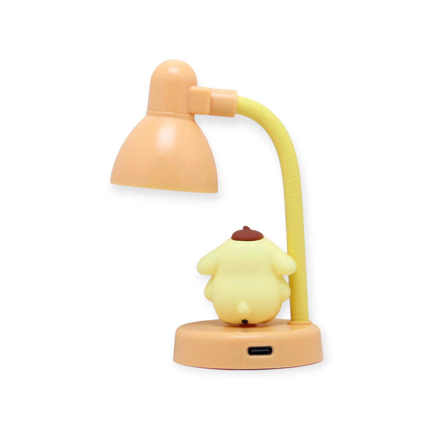 Pompompurin Mini Night Light by Sanrio with yellow character figure facing lamp on peach base and flexible neck