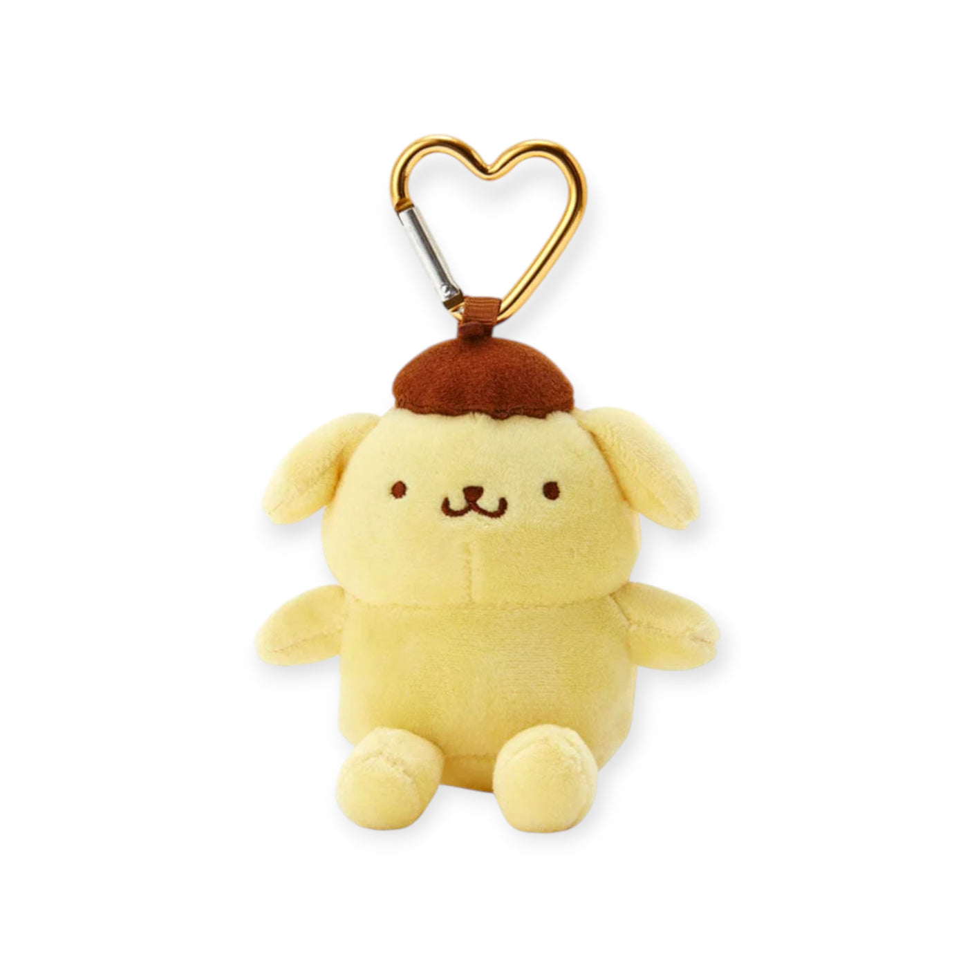 The Hello Kitty Pompompurin Heart Clasp Keychain features a yellow plush Pompompurin with a brown beret and gold heart clasp—an adorable accessory for fans, shown here on a white background.