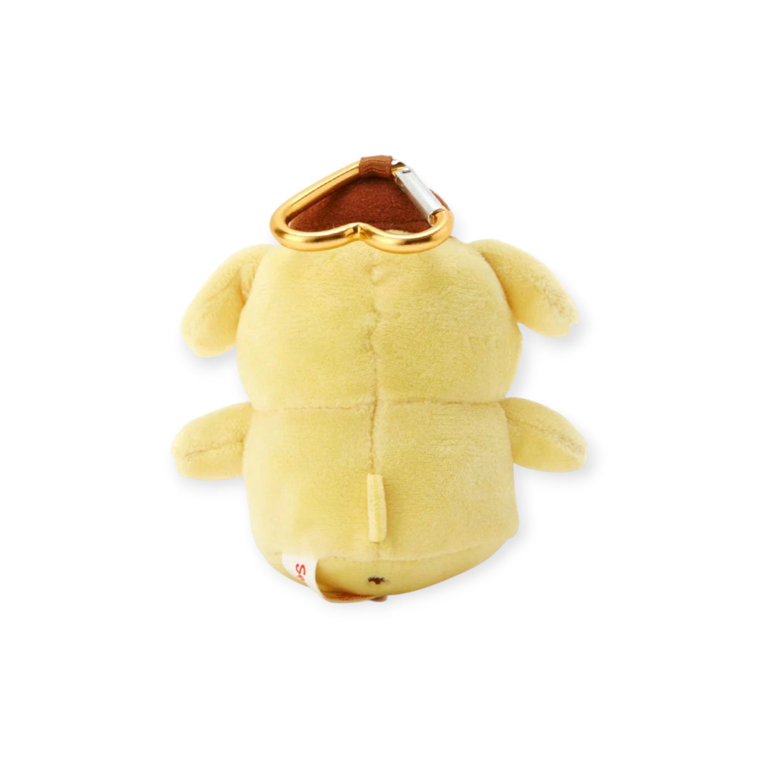 The Pompompurin Heart Clasp Keychain by Hello Kitty is a small, yellow dog-shaped accessory with a gold heart clasp, perfect for adding a cute, playful touch to any purse or backpack.