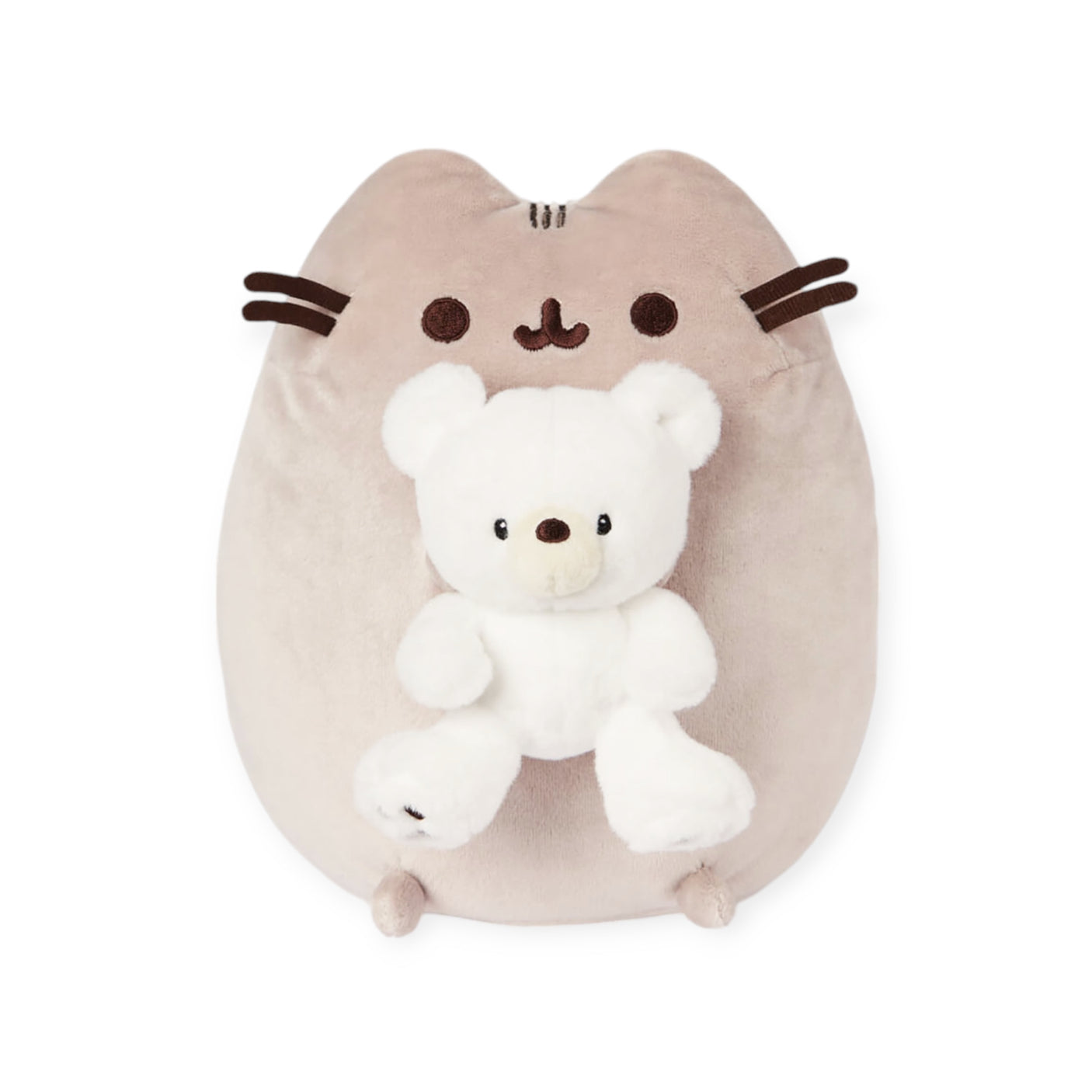 The limited edition Pusheen x GUND Kai Bear Plush, a plush gray cat toy measuring 24cm, sweetly cradles a small GUND bear as its cuddly companion against the pristine white background.
