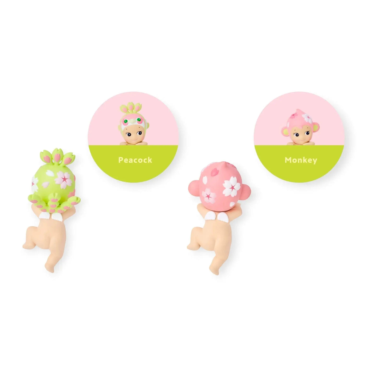 Peacock and Monkey Sonny Angel Hippers animal figurines with round name icons