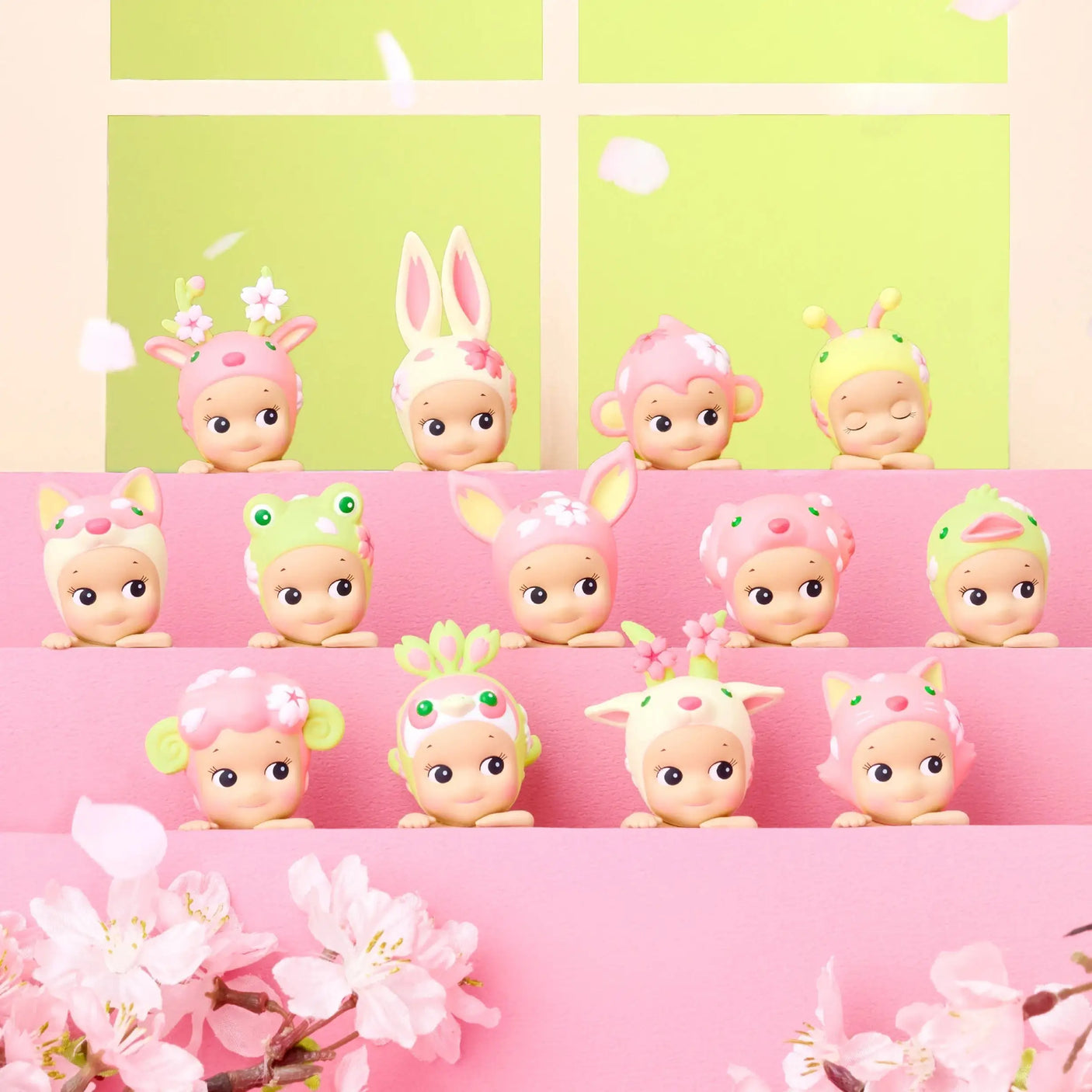 Set of small bunny-hat hippers with cherry blossom theme, multiple characters