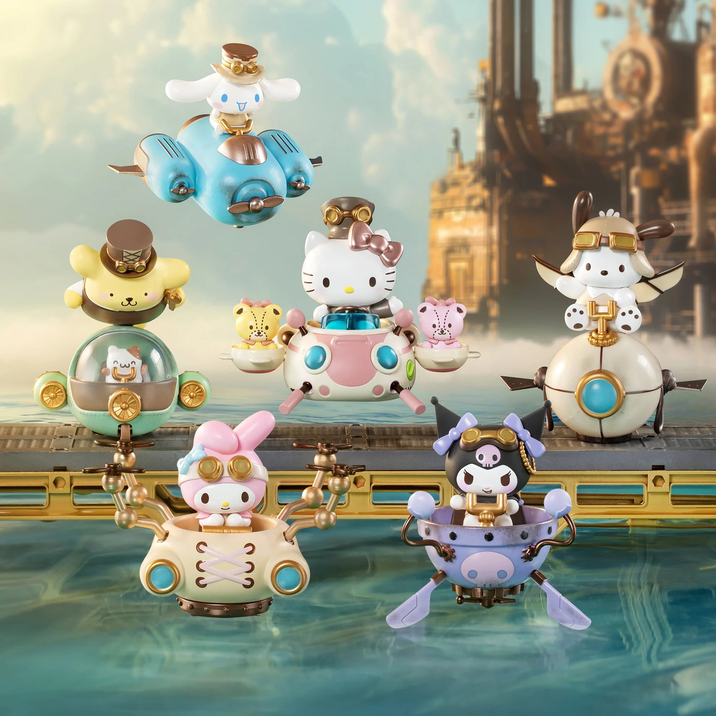 Sanrio Steampunk Figures featuring Hello Kitty and friends in mechanical vehicles with vintage inventor accessories on scenic backdrop