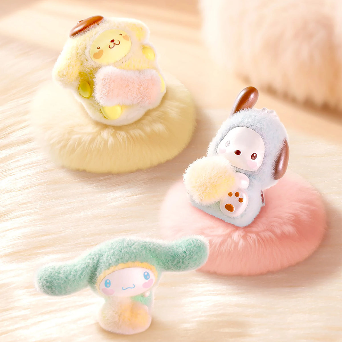 Fluffy plush bean figures: yellow lamb and gray penguin with brown ear