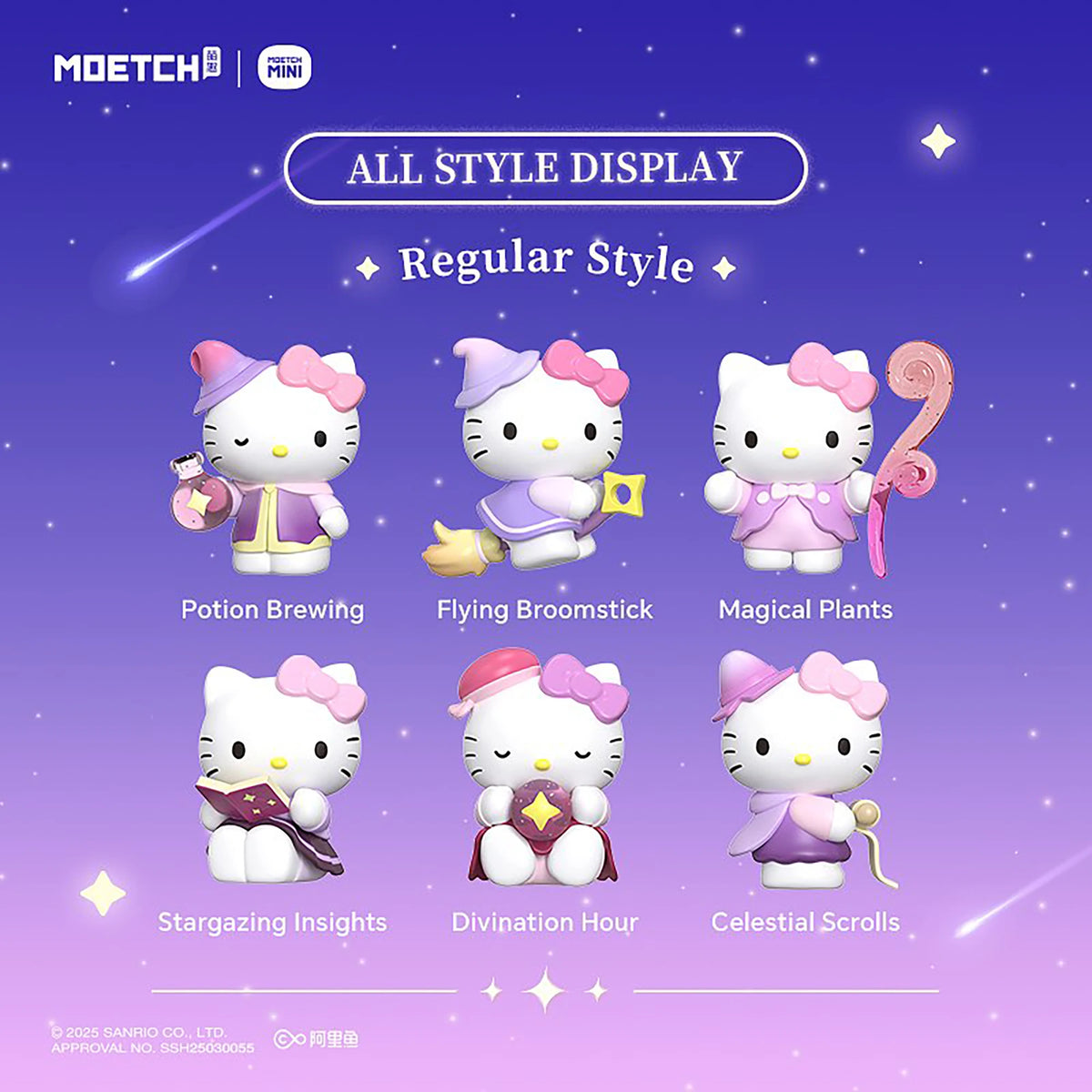 Hello Kitty mini astrology figure display with potion, broomstick, and plant poses