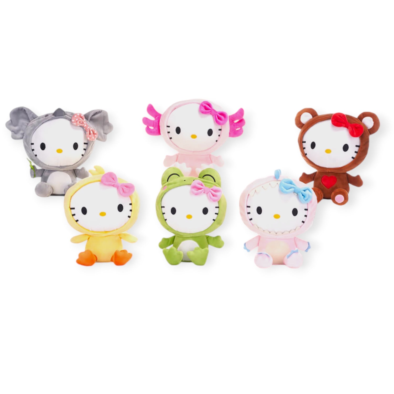Explore the Kawaii Kingdom with Hello Kitty: Kawaii Kingdom Plushies - 25cm, featuring Hello Kitty dressed as an elephant, sheep, bear, duck, and frog. Each plush toy is soft and huggable with its unique color and charming bow.