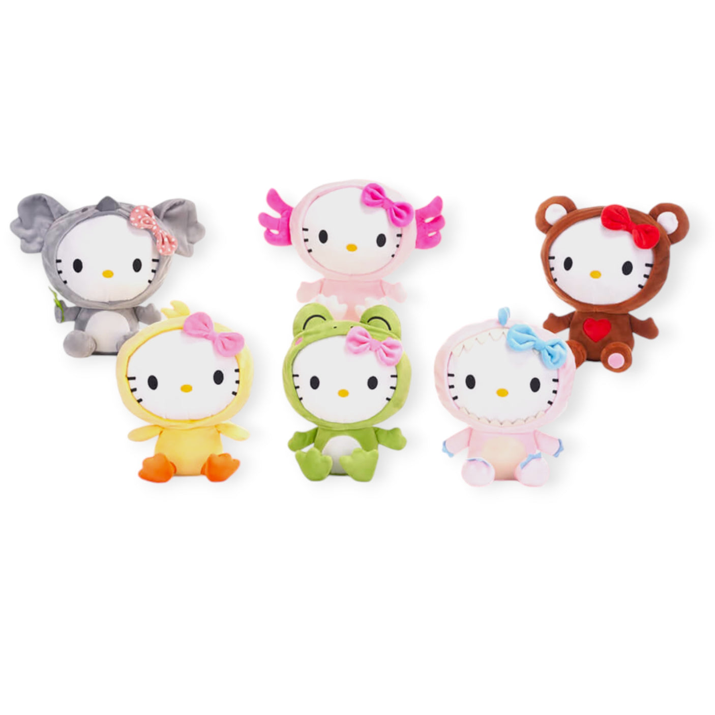 Explore the Kawaii Kingdom with Hello Kitty: Kawaii Kingdom Plushies - 25cm, featuring Hello Kitty dressed as an elephant, sheep, bear, duck, and frog. Each plush toy is soft and huggable with its unique color and charming bow.