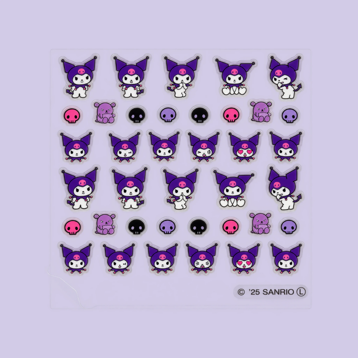 Sheet of cartoon nail stickers with purple characters, skulls, and hearts
