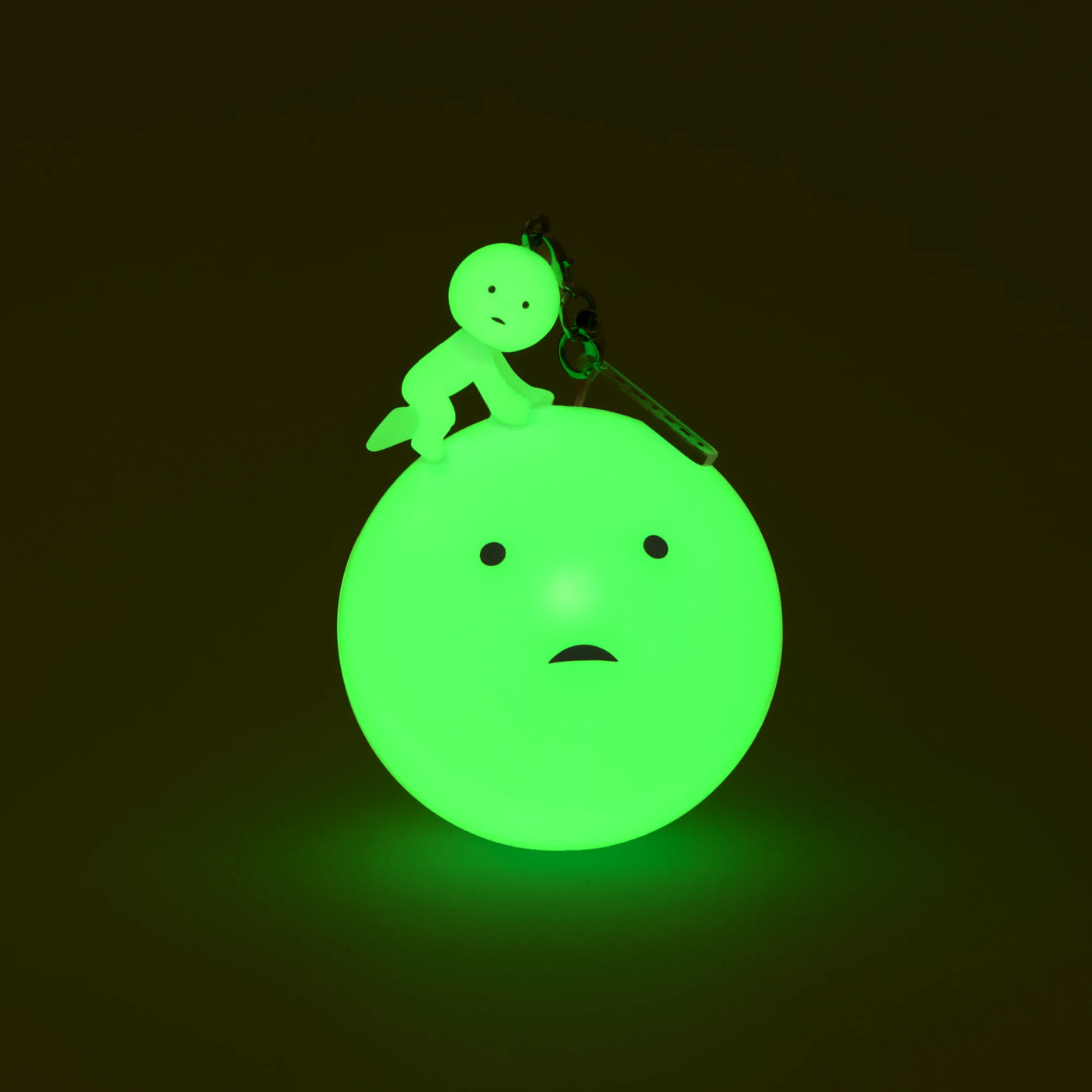 Neon green Smiski strap keychain figure with metal clasp and key ring