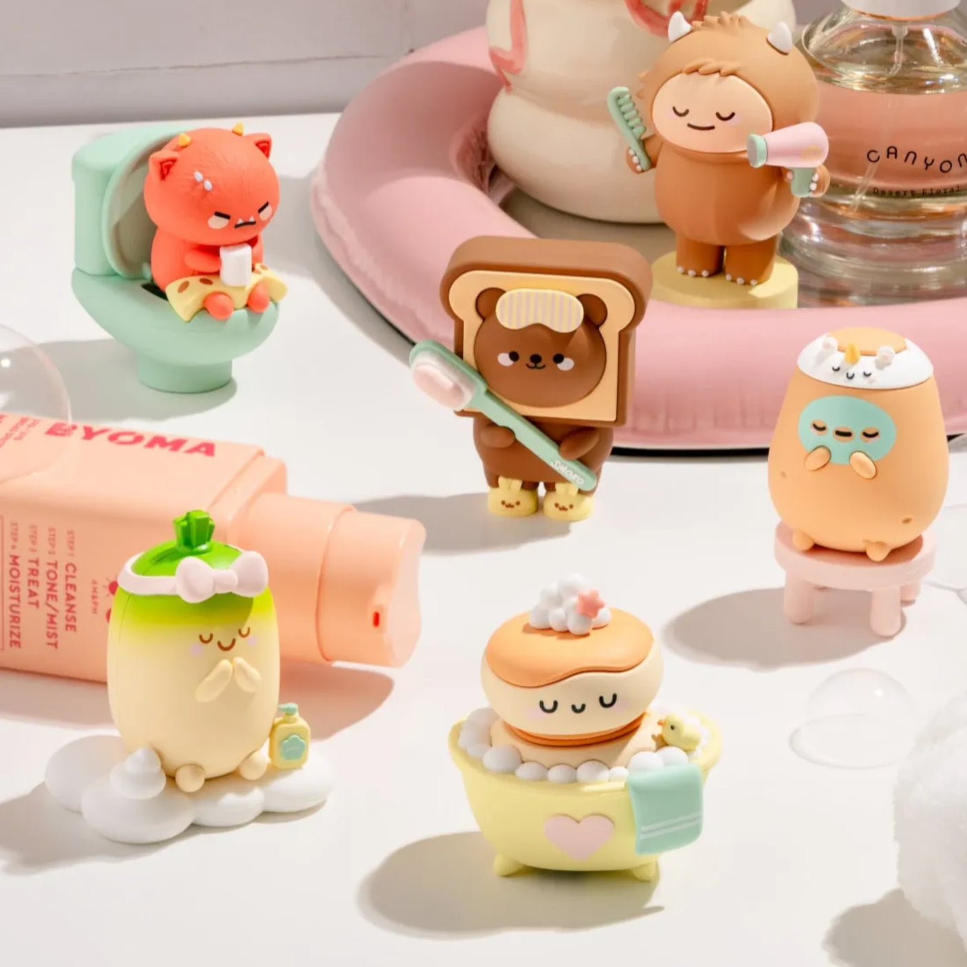 Smoko Friends Bathroom Blind Box featuring six cute bathroom-themed characters in playful poses with pastel accents.