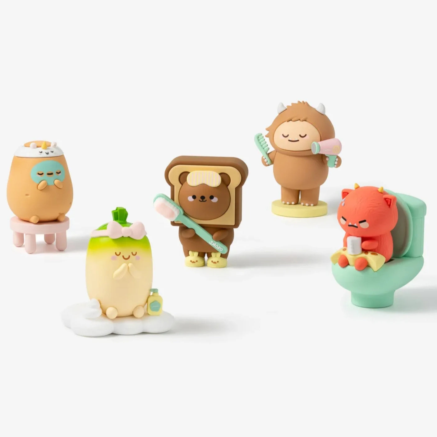 Smoko Friends Bathroom Blind Box featuring five bathroom-themed collectible figures in playful poses and pastel colors.