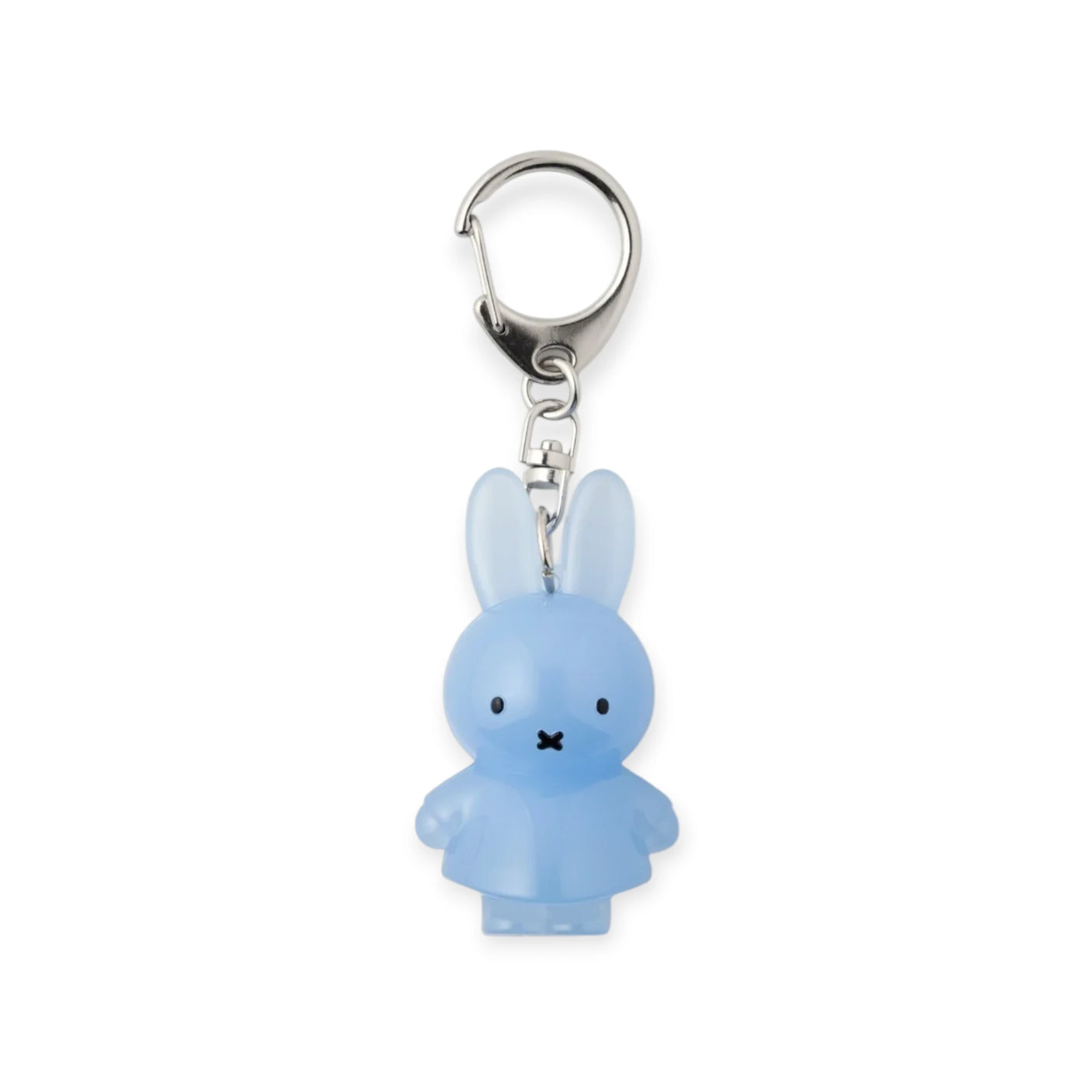 Light blue jelly rabbit keychain with metal ring and clip, front-facing rabbit charm