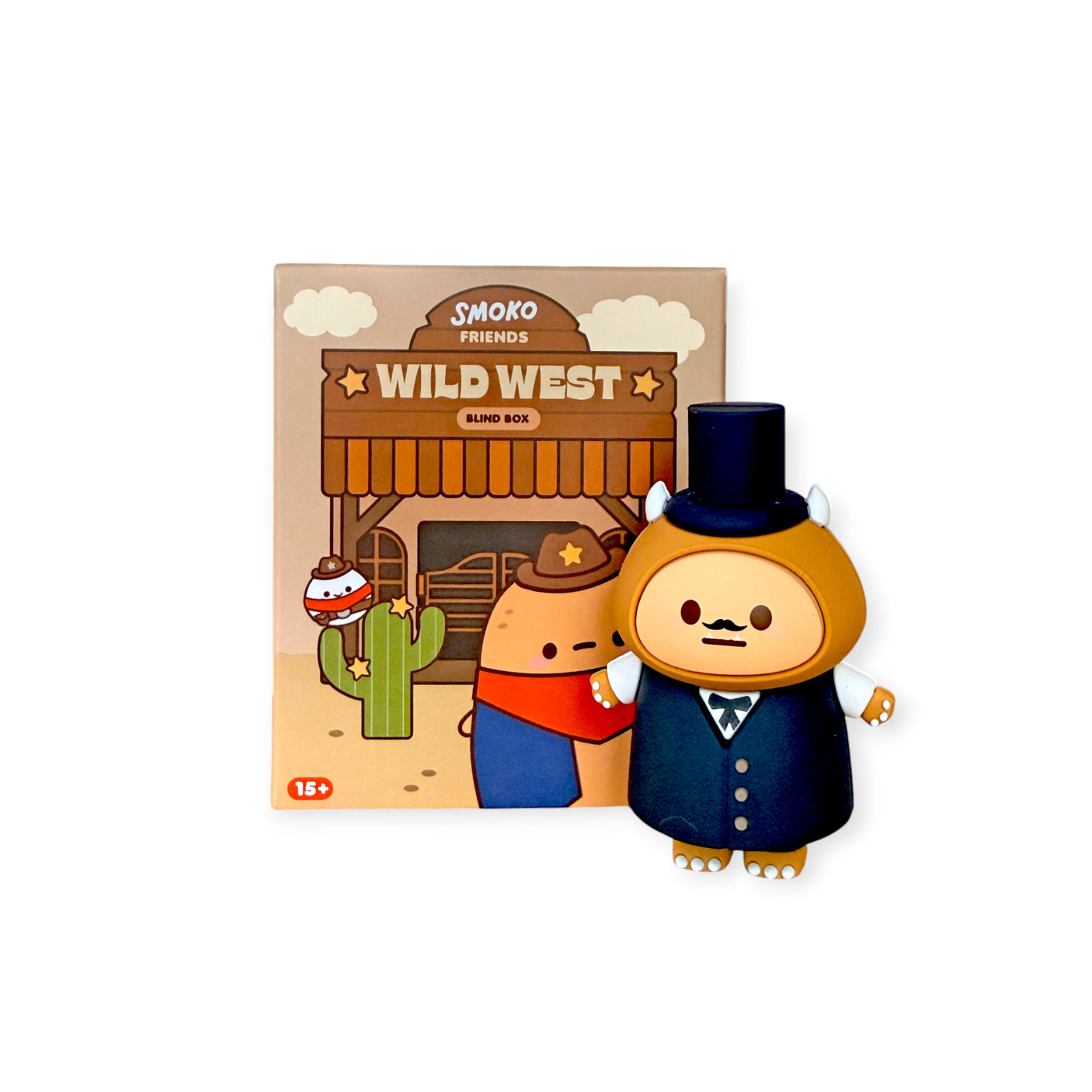 Cute bear figurine dressed in a black suit and top hat standing next to a Wild West-themed box with cartoon characters