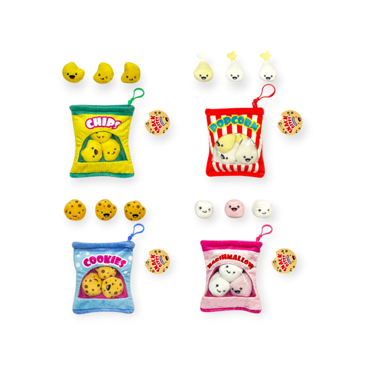 The Snack Bites Bag Charms by Bensons feature plush snack bags labeled Chips, Popcorn, Cookies, and Marshmallows with matching plush snacks on a white background, adding a whimsical touch to your collection.