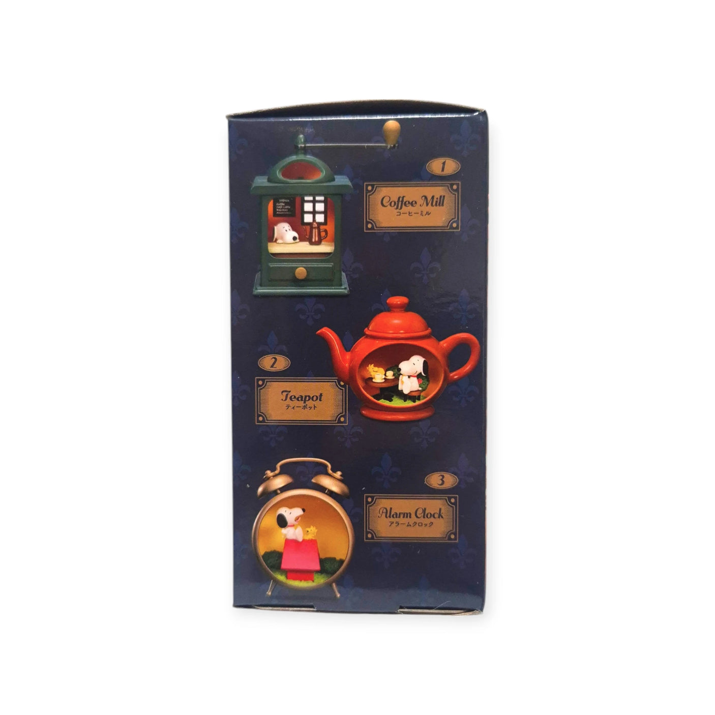 Blind box packaging back showing coffee mill, teapot, and alarm clock icons