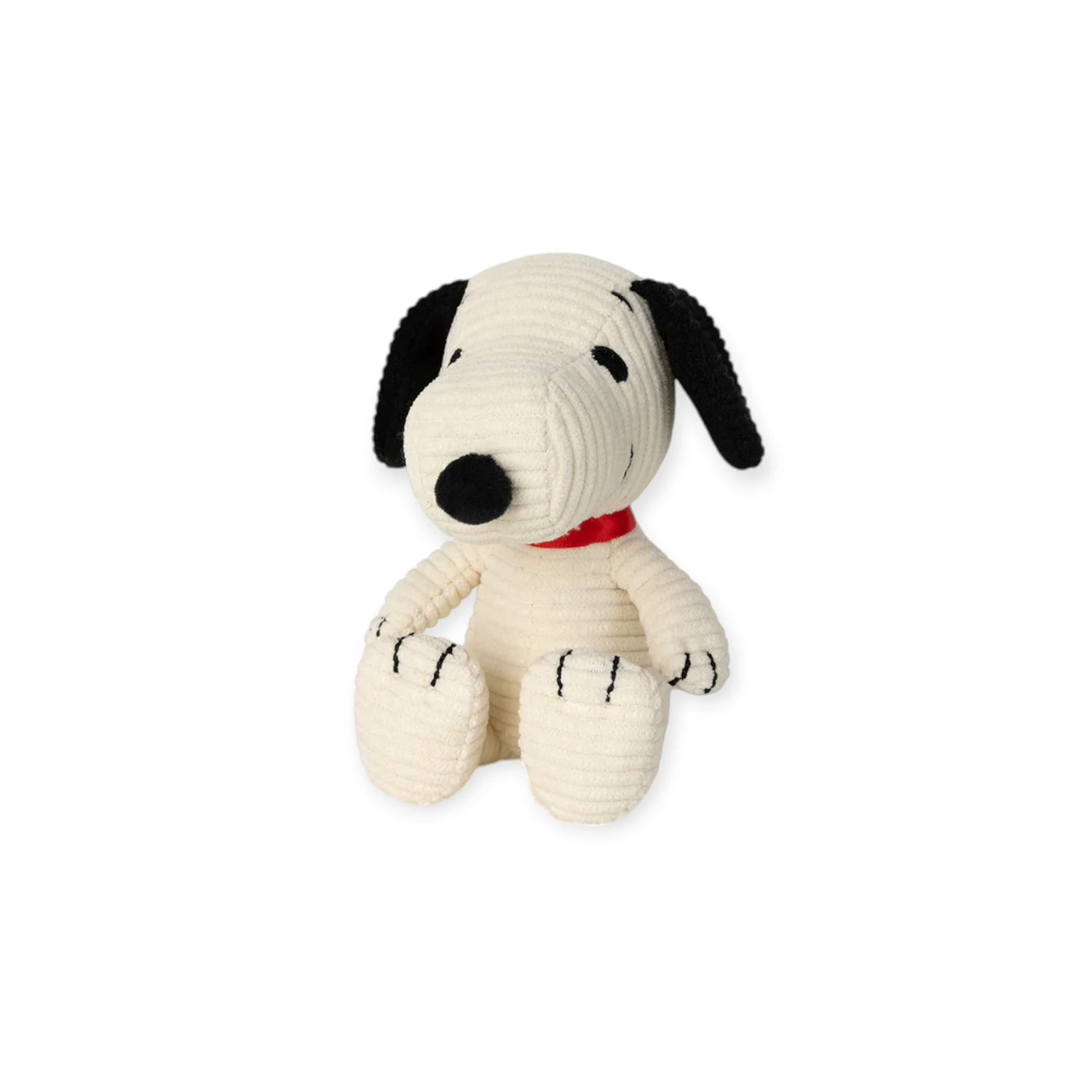 The Snoopy Corduroy Mini Plush - 12cm by Snoopy features soft corduroy fabric, a red collar, black ears, and stitched details, shown sitting upright against a plain white background.