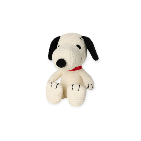 The Snoopy Corduroy Mini Plush - 12cm by Snoopy features soft corduroy fabric, a red collar, black ears, and stitched details, shown sitting upright against a plain white background.