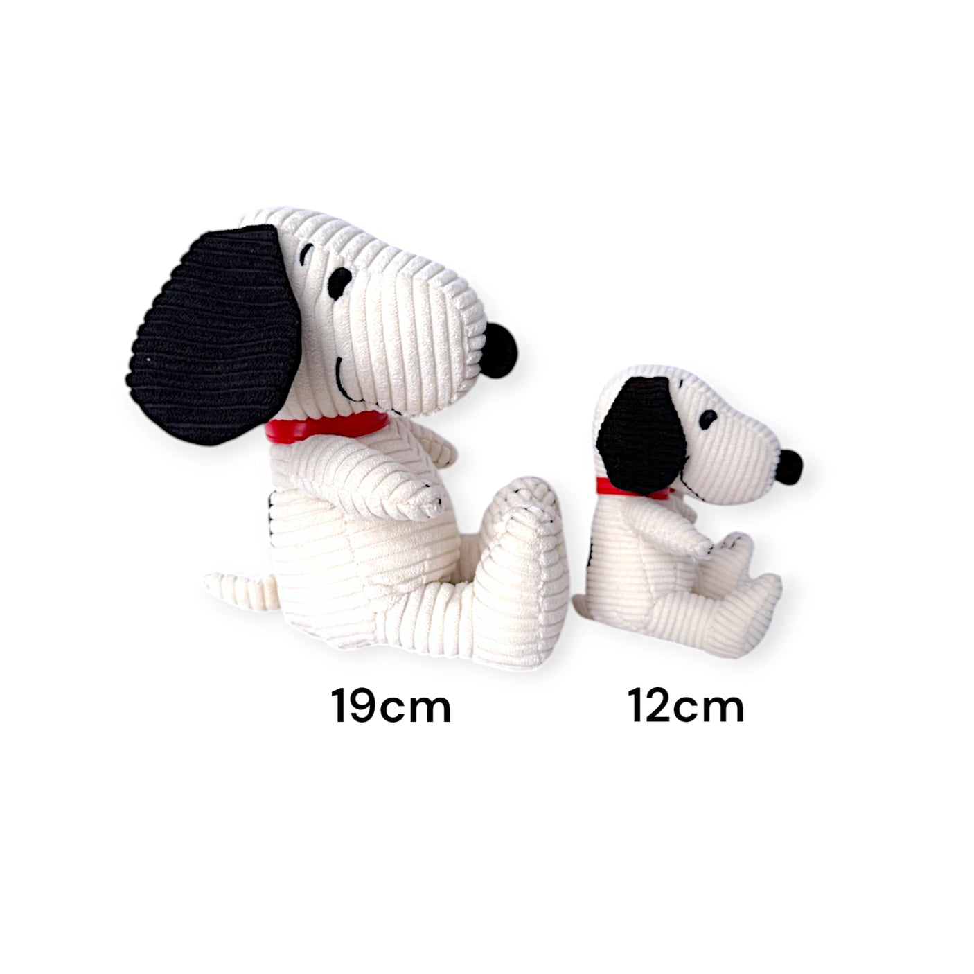 The Snoopy Corduroy Mini Plush by Snoopy, measuring 12cm, sits alongside a larger 19cm Peanuts plush against a white background.