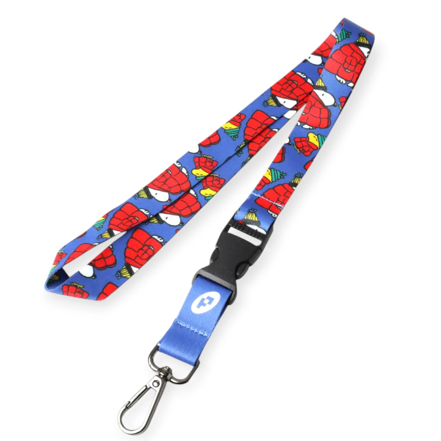 Cartoon-print lanyard with blue strap and metal swivel clip, black end connector