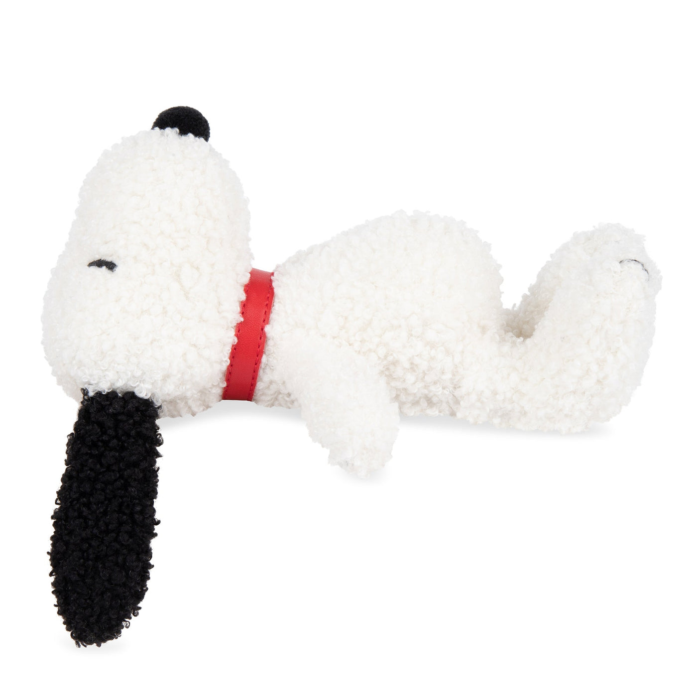Snoopy plush dog with white fur, red collar band, and black nose