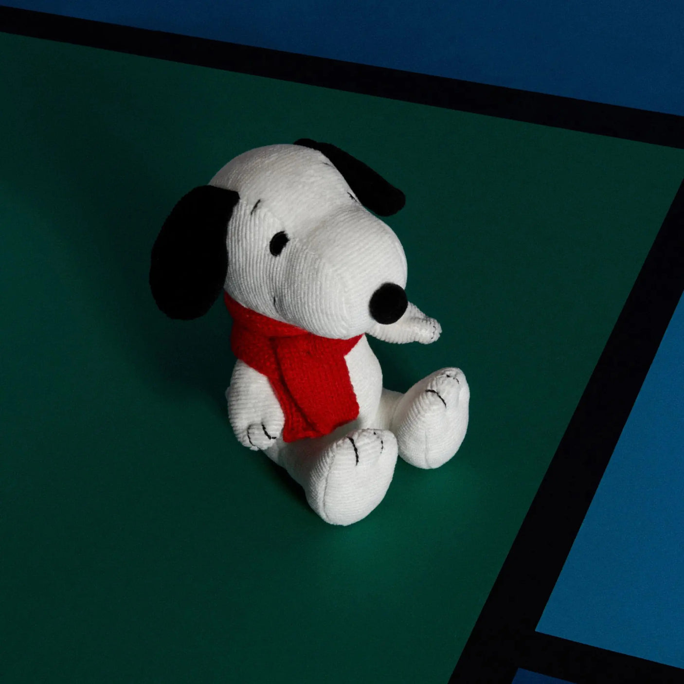 Snoopy scarf plush, small white dog with black ears and red scarf