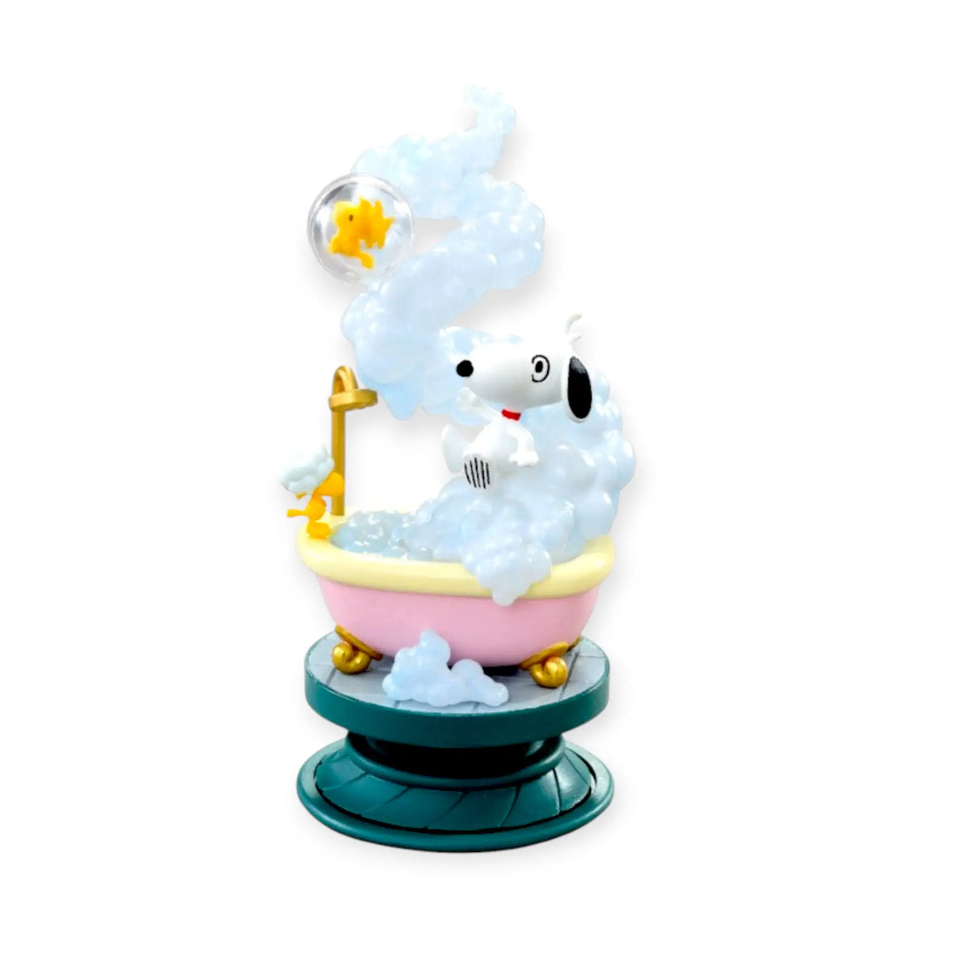 Snoopy spiral diorama figure on a teal base with fluffy white cloud effect and candle light
