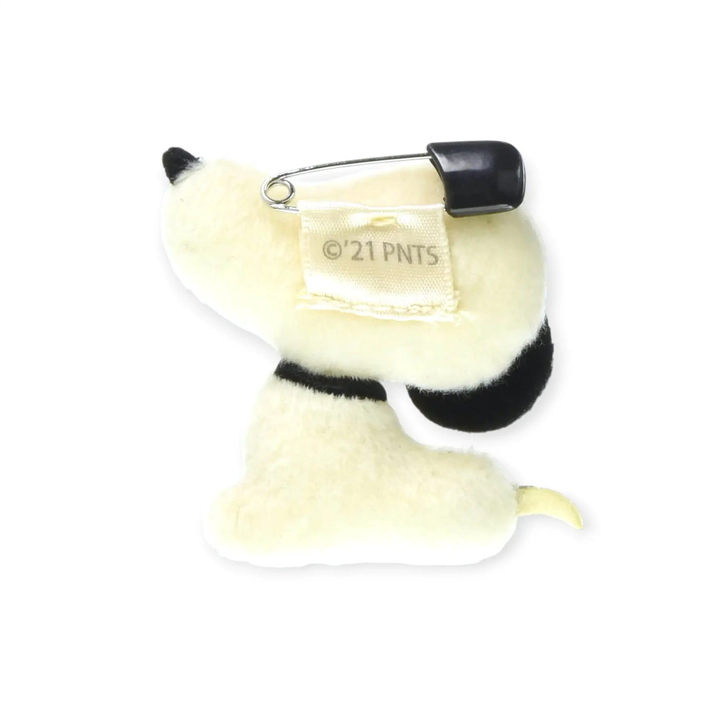 Cream Snoopy plush pin with black ear patch and metal clasp, ©'21 PANTS tag
