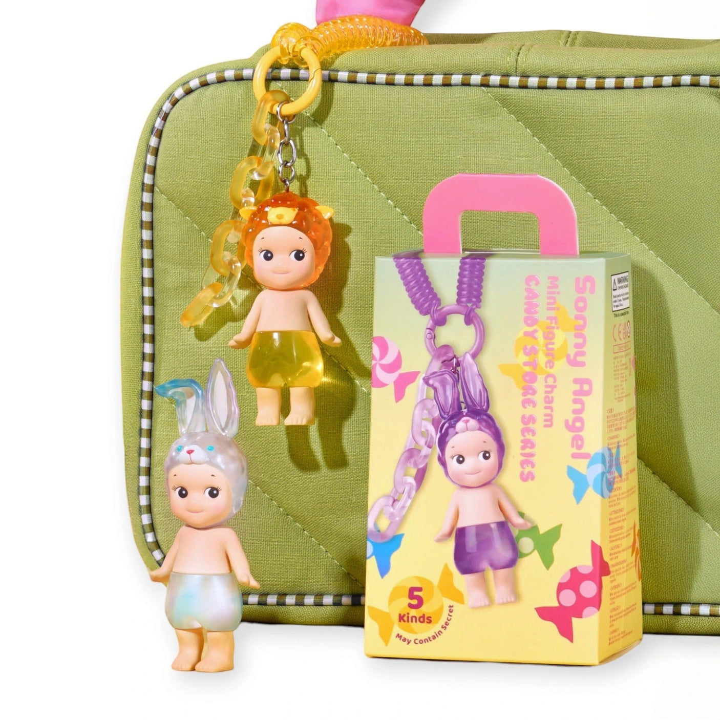 Sonny Angel blind box with candy store packaging and three small hanging figurines