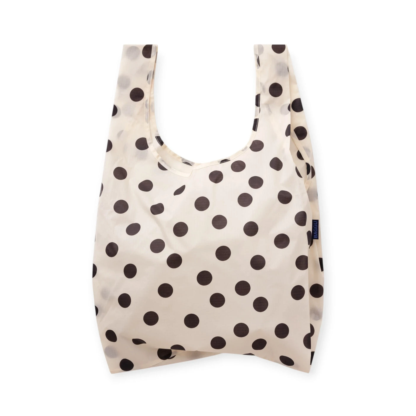 White polka dot reusable tote bag with U-shaped opening, dark spots