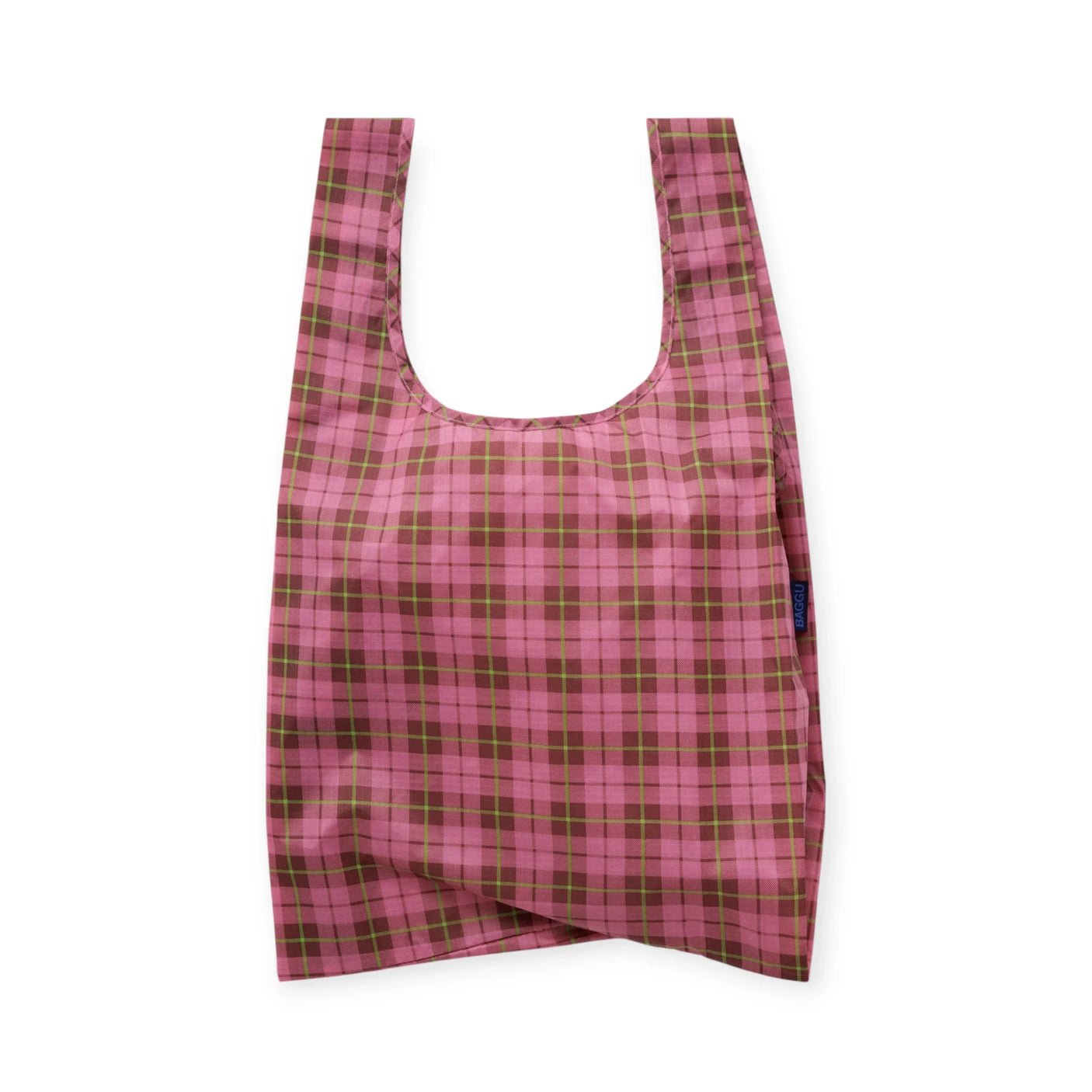 Standard Baggu tote bag, pink plaid tartan, open U-shaped shoulder handles