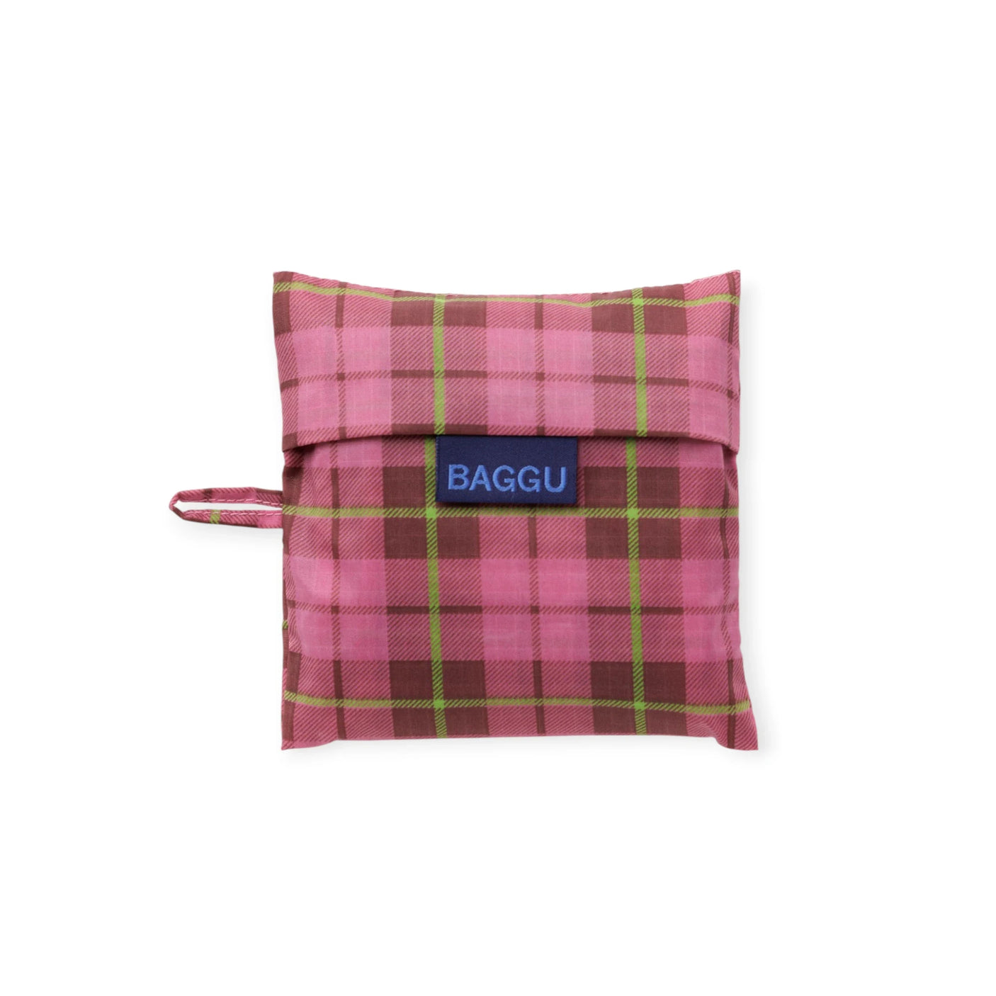 Standard Baggu reusable bag, pink plaid tartan, folded pouch with logo label