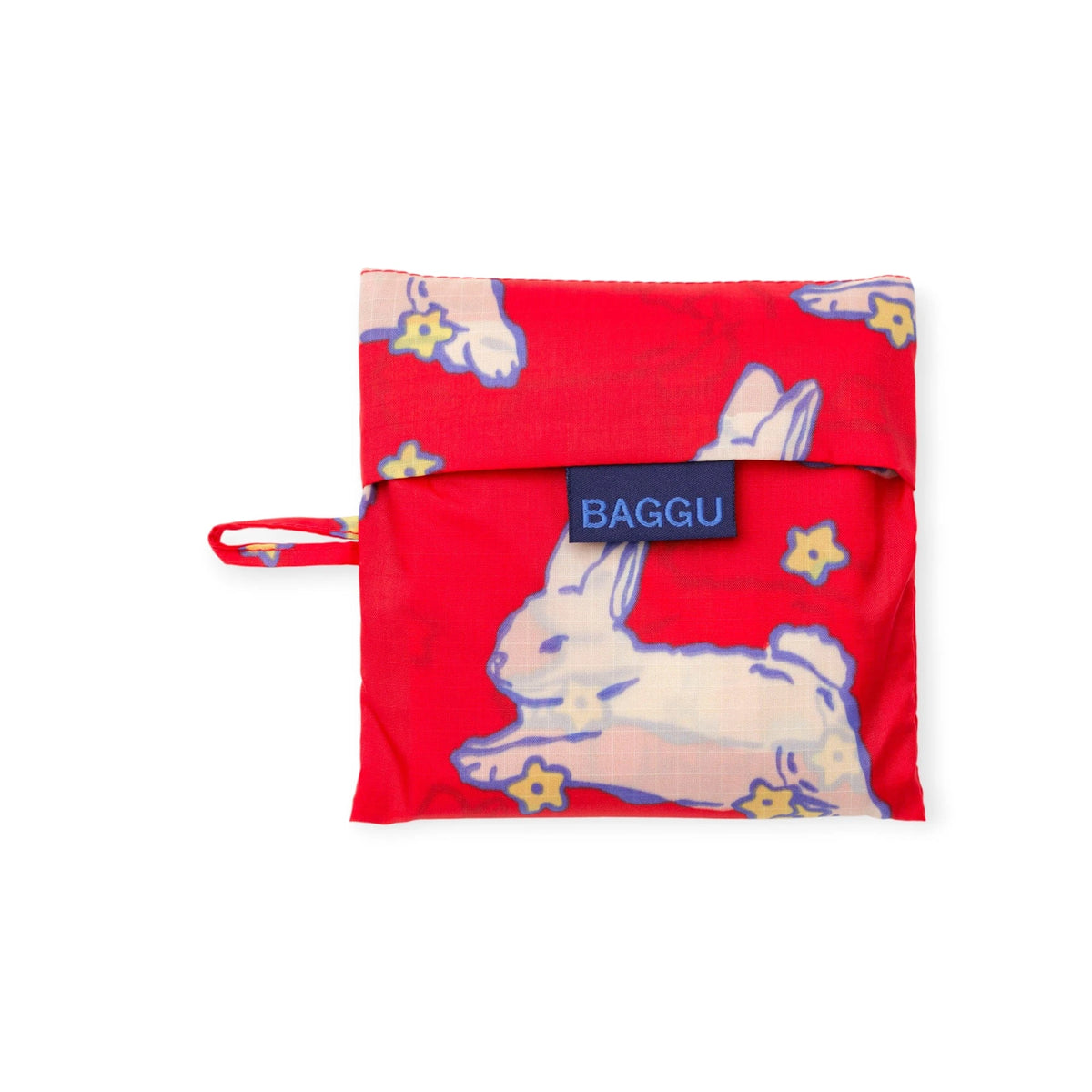 Foldable red Baggu pouch with bunny print and blue BAGGU label