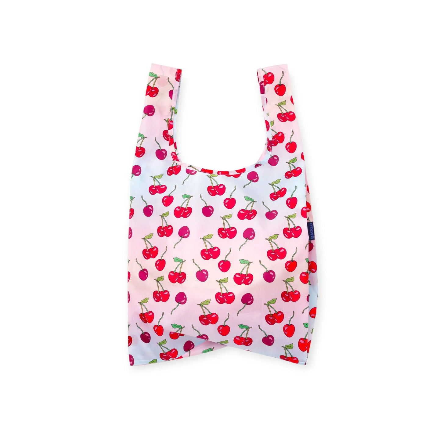 Cherry print tote bag with open top, no straps, light pink fabric
